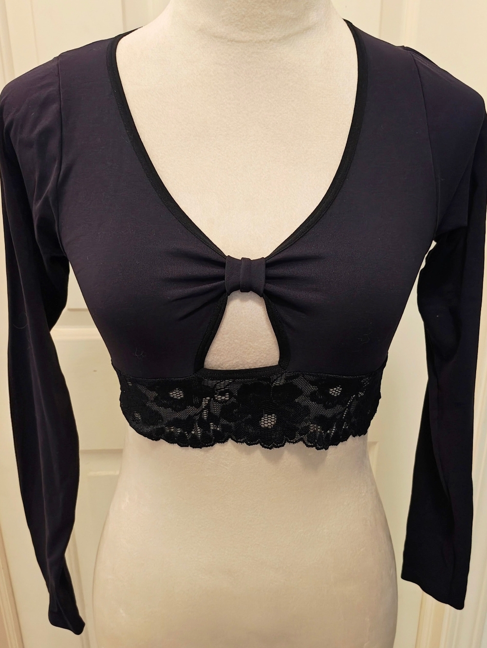 Anthropology Black Lace Trim Cut Out Long Sleeve Crop Top.